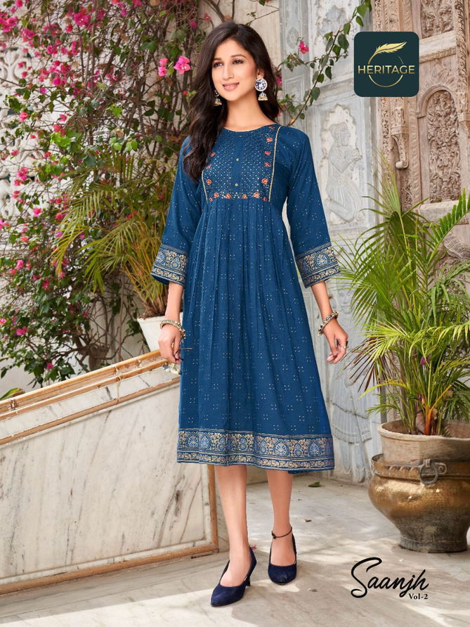 Heritage Saanjh 2 Rayon Printed Ethnic Wear Anarkali Long Kurti Collection